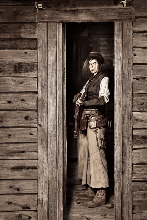 Prompt: an environmental concept art of a female gunslinger, back to camera, standing in the doorway of an open saloon door, old west town, highly detailed, cinematic, dramatic lighting, close shot by francis tneh