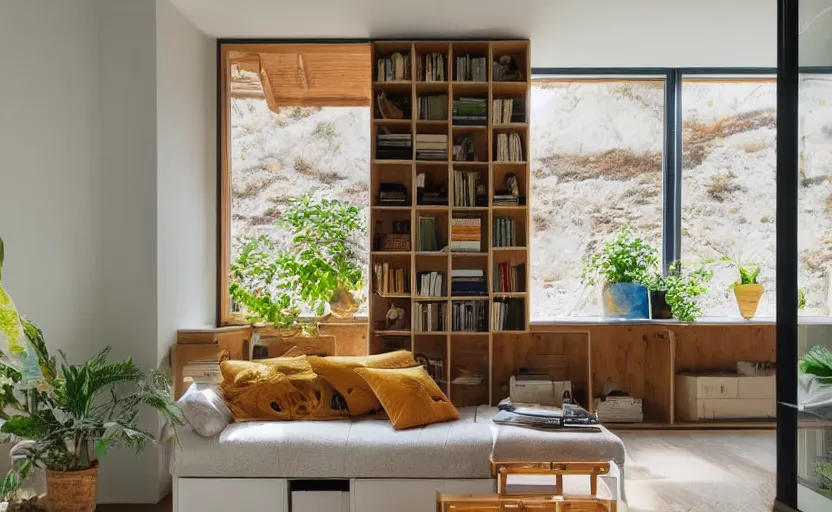 Image similar to interior desing magazine photo of a big window with a wooden frame to sit on, some sandy yellow pillows, there are just a few books and plants on a small integrated shelf, great architecture, ambient light, 8k
