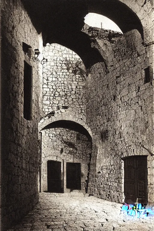 Image similar to a dark cave in the middle of an ordinary city, trogir golden hour 1 9 0 0 s photograph