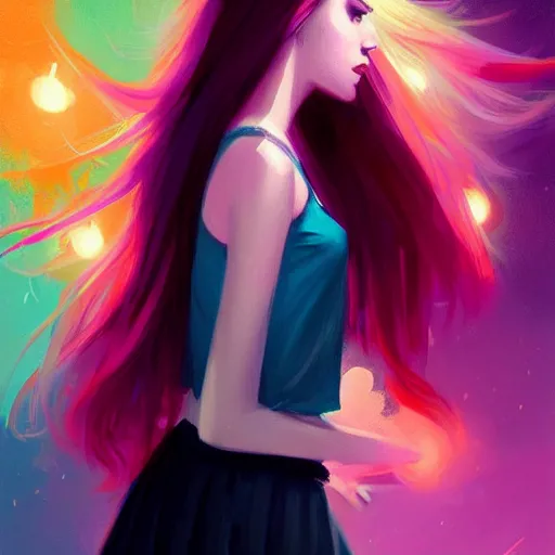 Image similar to colorful and festive captivating teenager girl with pink hair, cyan top crop, black skirt, black leggings, cute look. rich vivid colors, ambient lighting, dynamic lighting, 4 k, atmospheric lighting, painted, intricate, highly detailed by charlie bowater