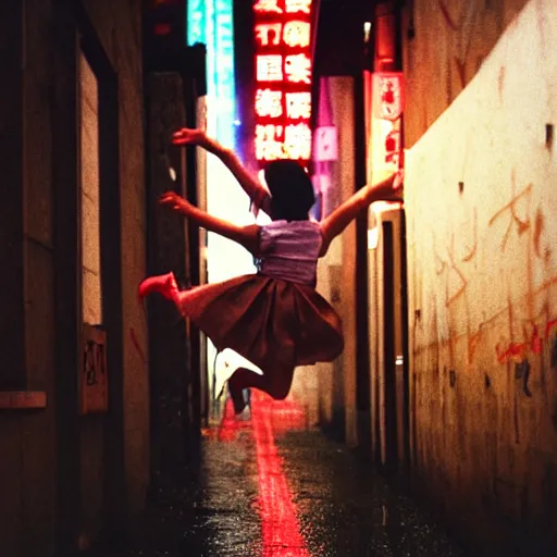 Image similar to 1990s perfect 8K HD professional cinematic photo of close-up japanese schoolgirl jumping in dystopian alleyway with neon signs, at evening during rain, at instagram, Behance, Adobe Lightroom, with instagram filters, depth of field, taken with polaroid kodak portra