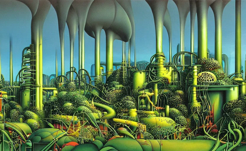 Image similar to industrial buildings surrounded by undergrowth by roger dean