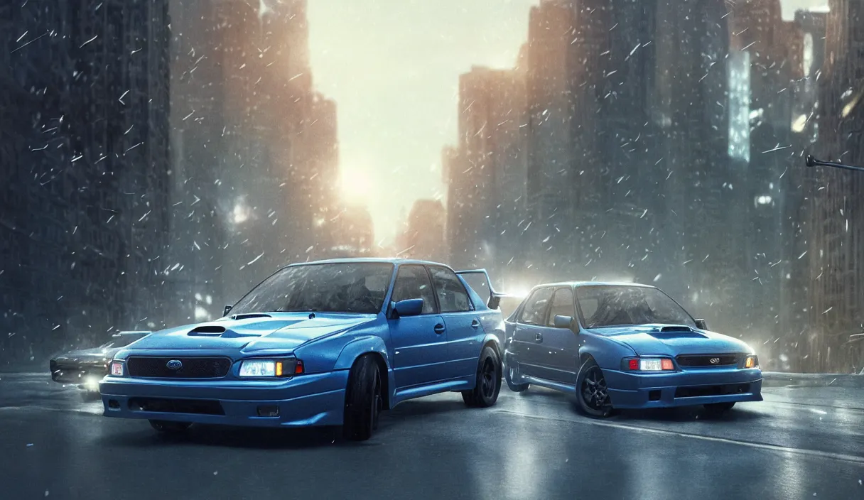 Image similar to detailed intricate digital landscape illustration by greg rutkowski and artgerm and wlop and sanford robinson gifford ; 1 9 9 4 subaru wrx sti driving in a beautiful windy city with bright headlights ; 5 0 mm film still, arri alfa anamorphic lens ; sharp focus, quentin tarantino compostion and lighting ; trending on artstation 4 k