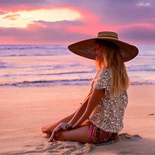 Prompt: blonde bohemian woman on the beach with sun hat and mango cocktail, sunset, photorealistic, 4k