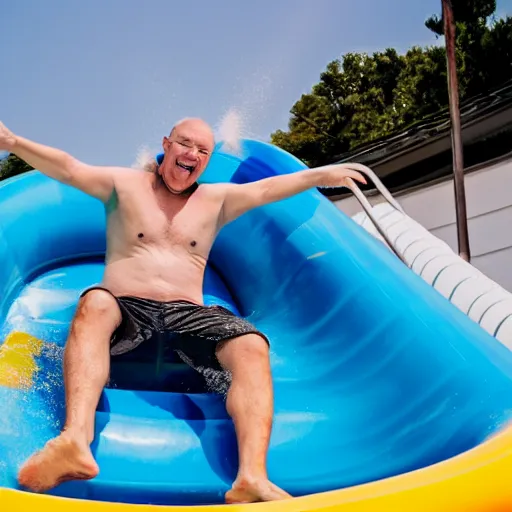 Image similar to a priest on a water slide, laughing, professional photography