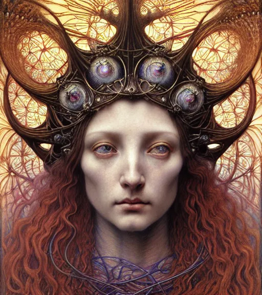 Prompt: detailed realistic beautiful young medieval alien queen face portrait by jean delville, gustave dore and marco mazzoni, art nouveau, symbolist, visionary, gothic, pre - raphaelite, iridescent fractal details. horizontal symmetry by zdzisław beksinski, iris van herpen, raymond swanland and alphonse mucha. highly detailed, hyper - real, beautiful