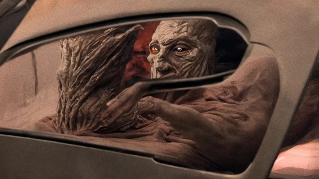 Image similar to the creature sits in a car, made of wax and metal, they look me in the eye, film still from the movie directed by Denis Villeneuve and David Cronenberg with art direction by Salvador Dalí, wide lens