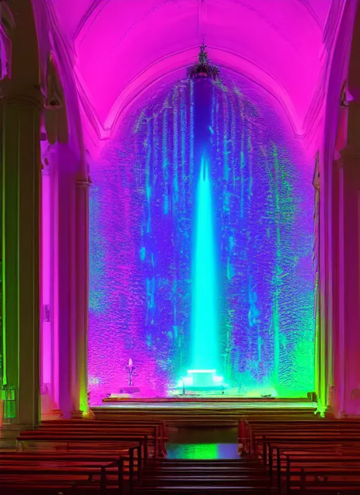 Prompt: florescent waterfall in a church interior with pentacle neon lights painted by Edward Hopper and James Gilleard