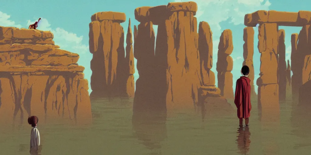 Image similar to a realistic cell - shaded studio ghibli concept art from paprika ( 2 0 0 6 ) of a flying intelligent dull mechanical octopus from close encounters of the third kind ( 1 9 7 7 ) in a flooded monument valley stonehenge. a monk in a robe is meditating in the foreground. very dull colors, wide shot, hd, 4 k, hq