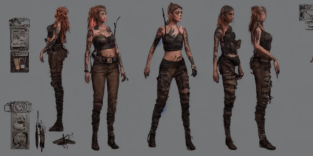 Image similar to anne winters as a tattooed post apocalyptic wanderer, character sheet, concept design, contrast, hot toys, kim jung gi, greg rutkowski, zabrocki, karlkka, jayison devadas, trending on artstation, 8 k, ultra wide angle, pincushion lens effect