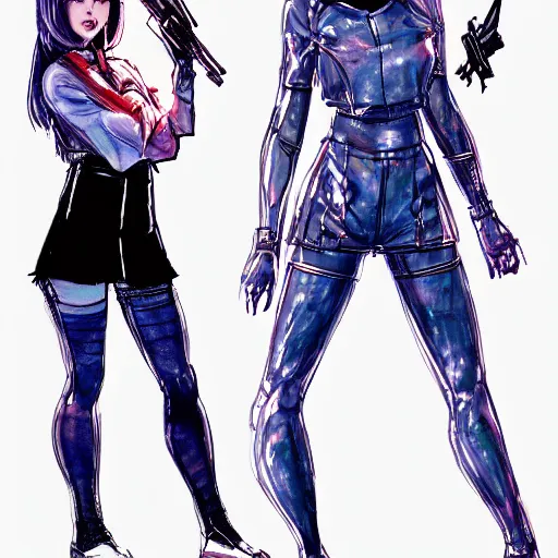 Prompt: a perfect, realistic sci-fi professional digital concept sketch of two Japanese schoolgirls posing, in style of Marvel, full length, by pen and watercolor, by a professional American senior artist on ArtStation, a high-quality hollywood-style sketch, on high-quality paper