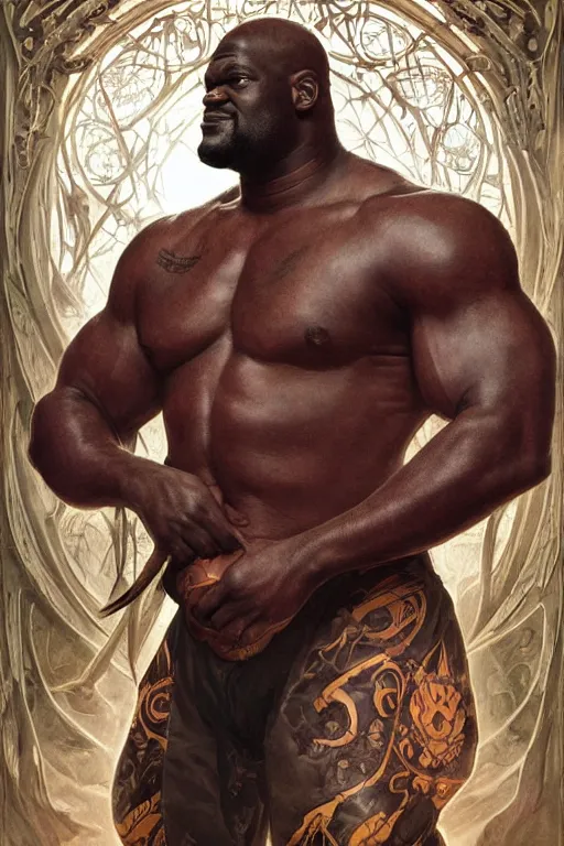 Image similar to portrait of shaquille o'neal as a hulking herculean demon, forest, godlike, full body, fantasy, intricate, elegant, highly detailed, digital painting, artstation, concept art, sharp focus, illustration, art by artgerm and greg rutkowski and alphonse mucha