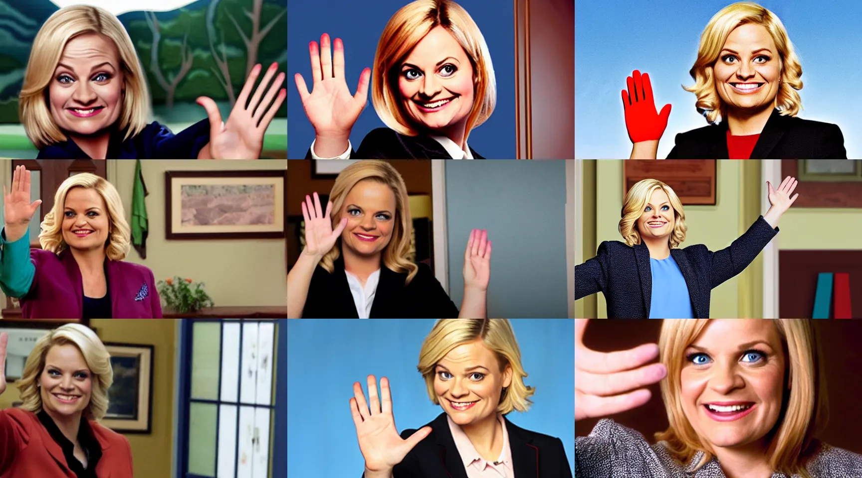 Prompt: leslie knope from the tv show parks and recreation waving goodbye