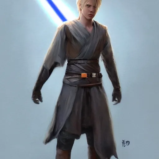 Image similar to a young blonde male jedi with short hair looking away at a threat full body shot concept art by Doug Chiang cinematic concept art, realistic painting, high definition, digital art, matte painting, symmetrical, very detailed, realistic, dramatic lighting, cinematic, establishing shot, extremely high detail, photo realistic, cinematic lighting, post processed, concept art, artstation, matte painting, red color scheme