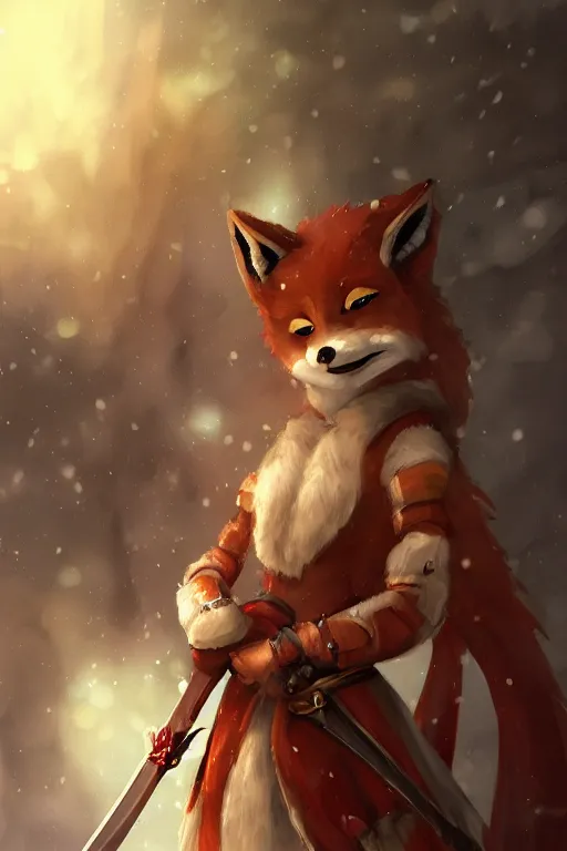 Prompt: a fox warrior princess holding a sword, snow, backlighting, trending on artstation, digital art, by kawacy, furry art