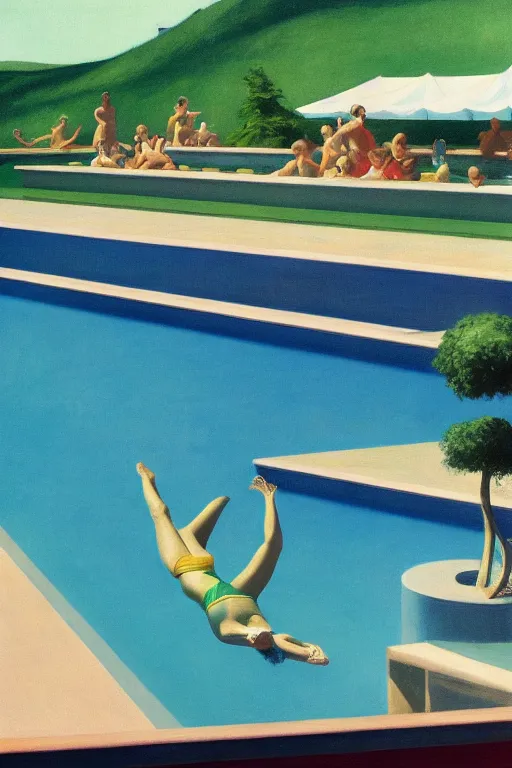 Image similar to liminal vaporwave summer swimming pool surrealism, painted by Edward Hopper, airbrush