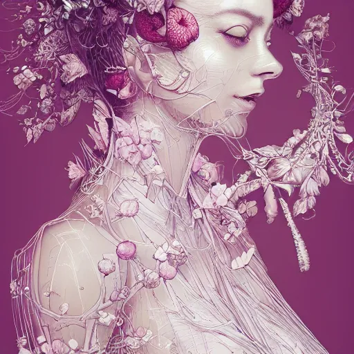 Image similar to the portrait of an absurdly beautiful, graceful, elegant, sophisticated, fashionable woman made of strawberries and white petals looking down, an ultrafine hyperdetailed illustration by kim jung gi, irakli nadar, intricate linework, bright colors, octopath traveler, final fantasy, unreal engine 5 highly rendered, global illumination, radiant light, detailed and intricate environment