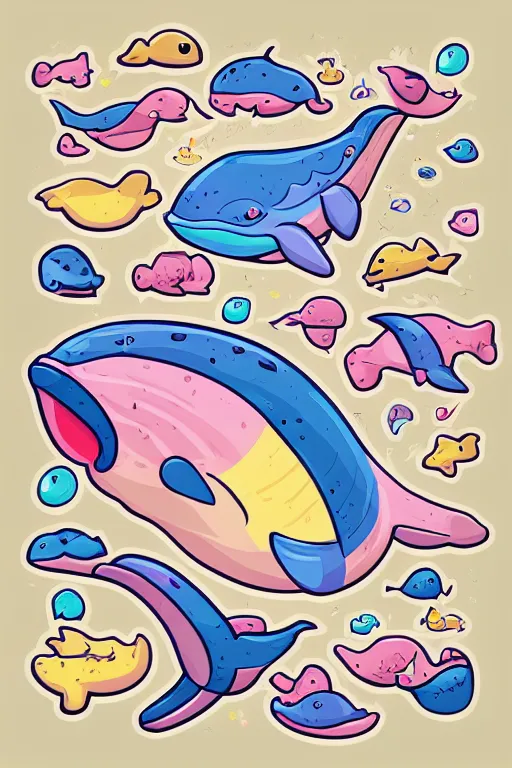 Image similar to Whale, sticker, anthropomorphic, colorful, fantasy, artstation, illustration, highly detailed, simple, smooth and clean vector curves, no jagged lines, vector art, smooth