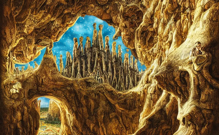 Image similar to a reflection in a drink of a heavenly city with lush walkways, beautiful bioarchitecture design by kedem pitsou, m. c. escher, gaudi sagrada familia, and bisti badlands, emerald gold and beksinski, highly detailed, bokeh, beautiful, artstation