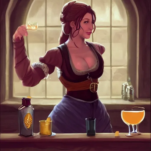 Image similar to medieval barmaid in tavern, trending on artstation