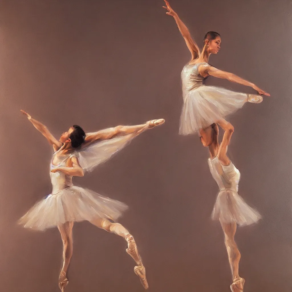 Image similar to a stunning oil painting of a ballerina in a spotlight, arabesque