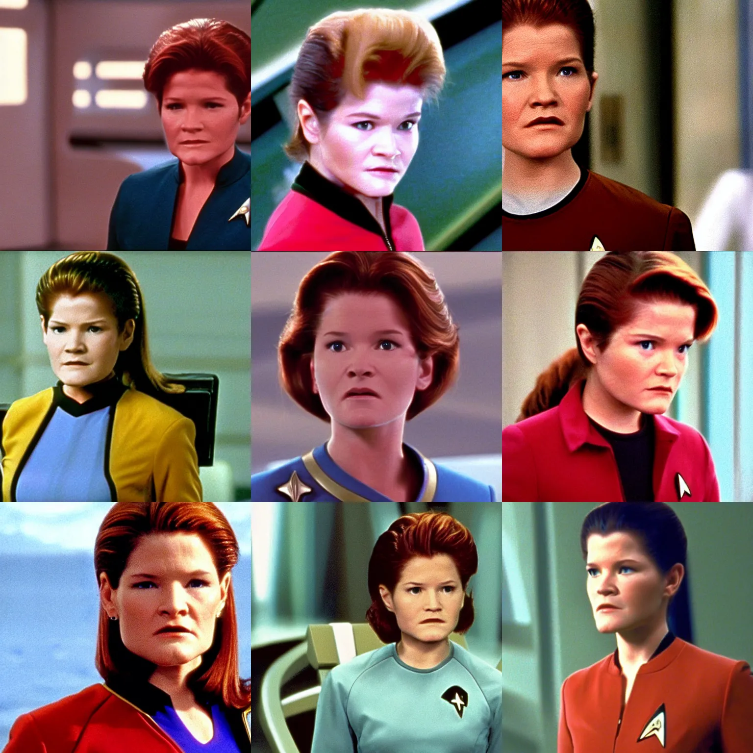 Prompt: tv still of young captain janeway in star trek voyager ( 1 9 9 5 ) by wes anderson