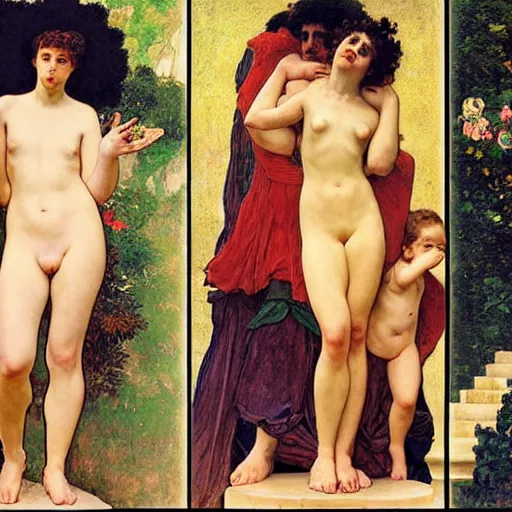 Image similar to stairway to heaven, dynamic contrapposto, william - adolphe bouguereau, egon schiele, gustav klimt, alphonse mucha