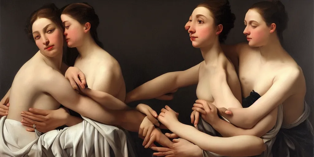 Image similar to beautiful oil matte portrait painting, multiple arms legs and torsos intertwined, wonderful masterpiece highly detailed, beautiful cinematic light deep focus, elegant, digital painting, smooth, sharp focus, golden ratio, dramatic illumination, ultra realistic, 8 k, art by artemisia lomi gentileschi and caravaggio