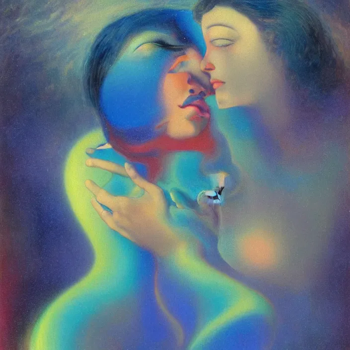 Prompt: close portrait of woman and man kissing. aurora borealis. iridescent, psychedelic lapis - lazuli, turquoise colors. painting by salvador dali, agnes pelton, utamaro, monet