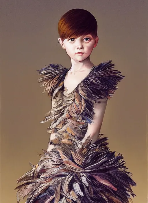 Image similar to little girl with an eccentric haircut wearing an dress made of feathers, artwork made by ilya kuvshinov and donato giancola