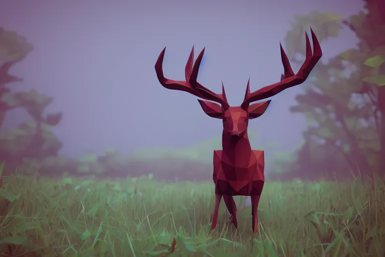 Prompt: super detailed lowpoly art, red deer in an undergrowth, unreal engine, retrowave color palette, 3 d render, lowpoly, earthy colors, digital art, perspective