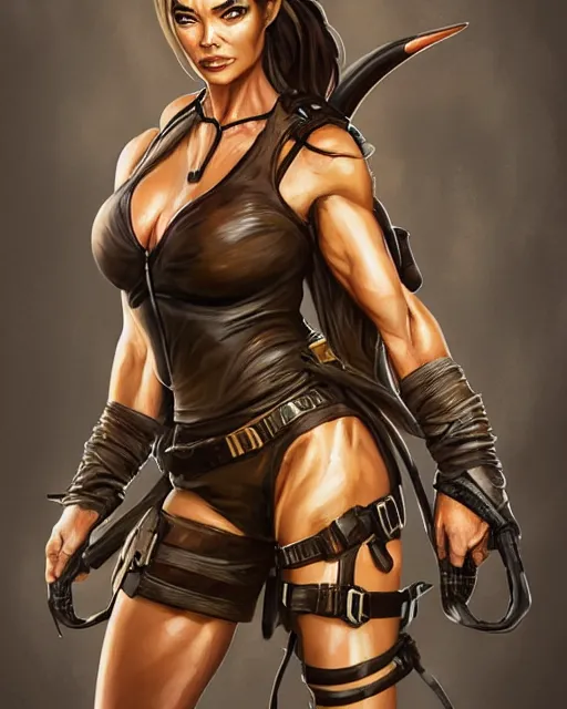 Prompt: denise richards! as lara croft, fantasy art, in the style of artgerm, illustration, epic, fantasy, intricate, hyper detailed, artstation, concept art, smooth, sharp focus, ray tracing, vibrant, photorealistic, simon bisley