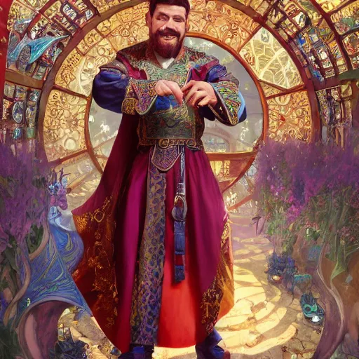 Prompt: charming tailor of middle - eastern descent, dressed in fine colorful robes and jewelry over fantasy armor, goatee, smirking, holding a magic needle and spool, fantasy art by barret frymire and artem priakhin and wenjun lin and greg rutkowski and alphonse mucha, artstation, matte, illustration, intricate, highly - detailed high resolution