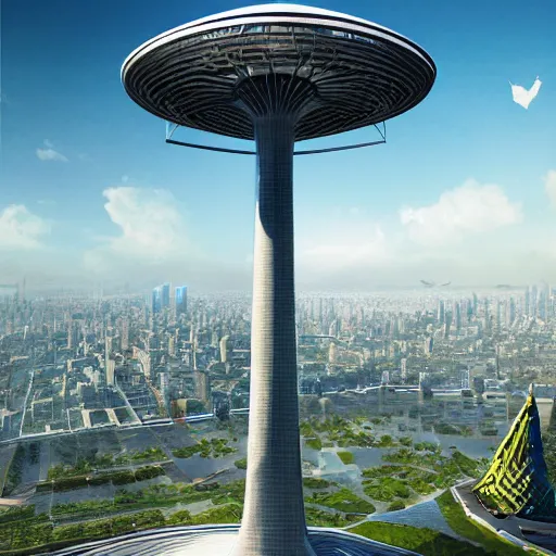 Prompt: matte painting of the bird's eye view of umbrella tower. citypark on top. ecofuturistic architecture. dynamic perspective. urban, detailed digital art trending in artstation