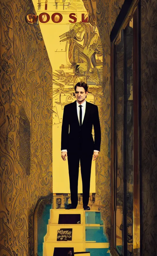 Image similar to film poster. a young man in a suit. the halls and foyer of a grand old art deco hotel. the hotel's eclectic guests. film poster. wes anderson. golden light. collage. photorealistic. trending on artstation. textless.