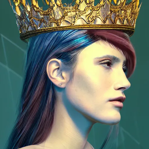 Image similar to a portrait of a chill cyberpunk princess wearing a crown, hyperdetailed, digital painting, trending on Artstation, CG society, hyperdetailed, digital painting, hypermaximalist, golden ratio, volumetric, octane render, weta digital, micro details, 3d sculpture