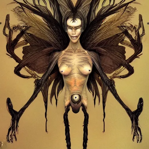 Prompt: detailed illustration of attractive humanoid alien species with beautiful human female face, female human torso, dark fae, black feathers instead of hair, feathers growing out of skin, wings growing out of arms, transformation, floating in zero gravity on starship, brian froud, tim burton, guillermo del toro, science fiction