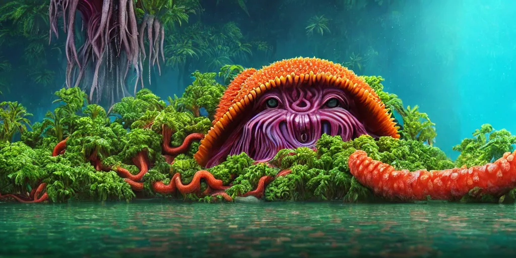 Image similar to of a tropical rainforest lake with strange cute friendly happy creatures with huge eyes, mouth, long tongue, round teeth and tentacles appearing from sandy coral, in the style of gehry and gaudi, macro lens, shallow depth of field, ultra detailed, digital painting, trending artstation, concept art, illustration, cinematic lighting, photorealism, epic, octane render