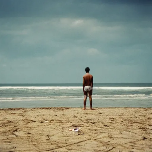 Prompt: a melancholic 3 5 mm photograph of a barefoot man standing on a beach and looking out to sea