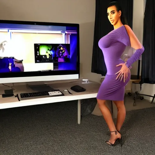 Prompt: still of kim kardashian as a twitch streamer, gaming room,