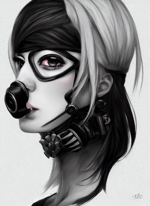 Image similar to face portrait of goth anime girl with black and white hair wearing a gas mask, symmetry, digital painting, trending on artstation and deviantart, epic composition, dynamic, highly detailed, ross draws, wlop, 8 k