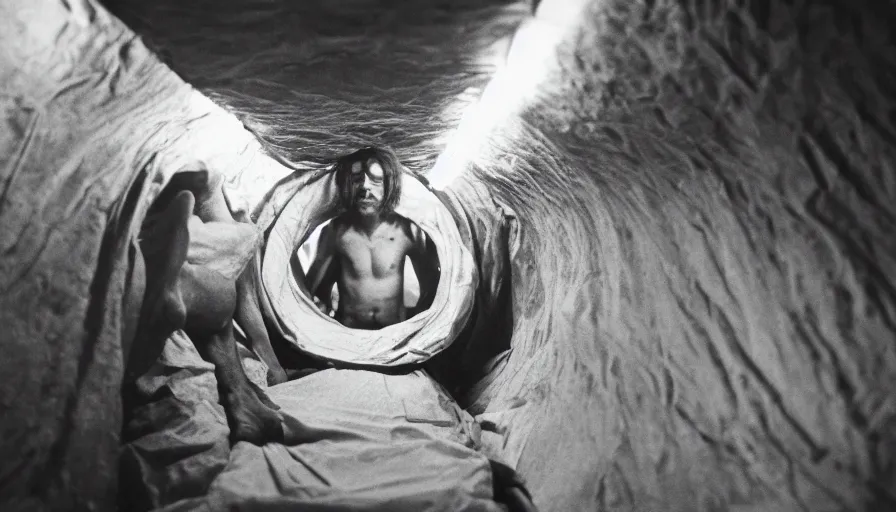 Prompt: 1 9 7 0 s movie still of a man in a barque in a fleshtunnel, leica sl 2