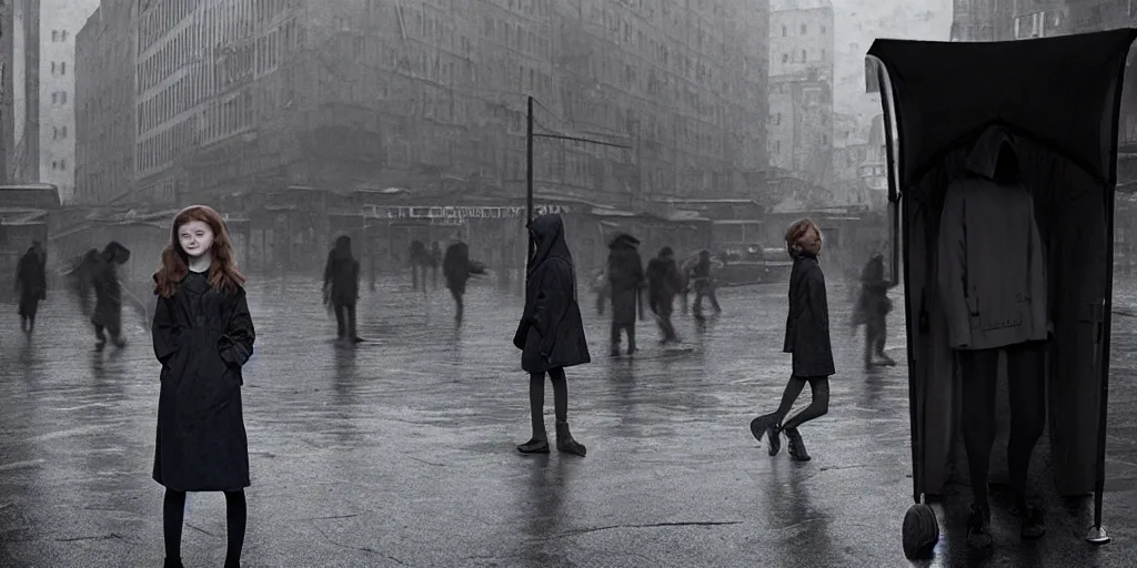 Image similar to medium shot of umbrella stall with sadie sink in hoodie. in ruined square, pedestrians on both sides. cyberpunk tenements in background : grainy b & w 1 6 mm film, still from schindler's list by steven spielberg. cinematic atmosphere, sharp face, perfect anatomy