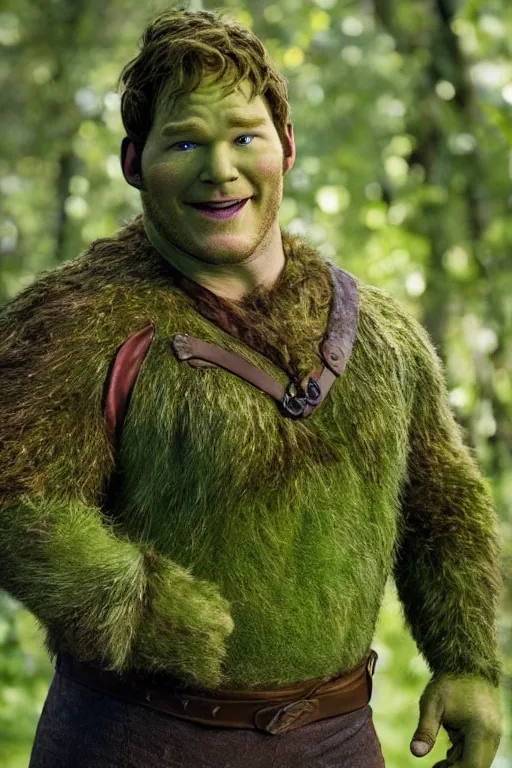 Prompt: Chris Pratt as Shrek in live action adaptation, green skin, set photograph in costume, official trailer