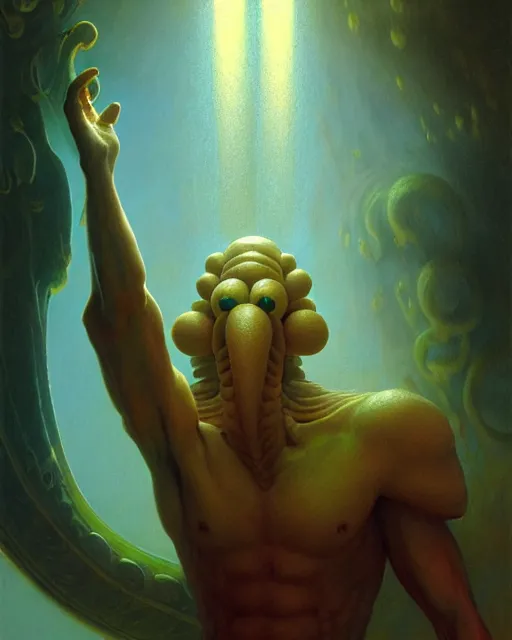 Image similar to squidward from spongebob squarepants, radiant light, caustics, by boris vallejo, gaston bussiere, bayard wu, greg rutkowski, giger, maxim verehin