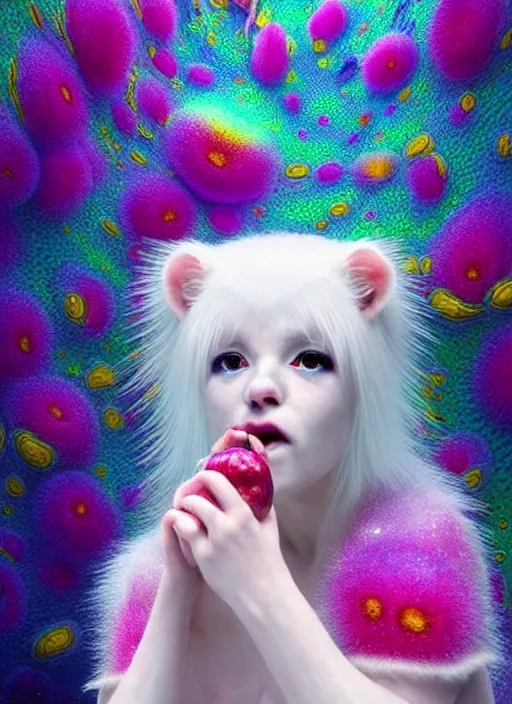 Image similar to hyper detailed 3d render like a Oil painting - kawaii portrait Aurora (white haired Singer Ferret) seen Eating of the Strangling network of yellowcake aerochrome and milky Fruit and Her delicate Hands hold of gossamer polyp blossoms bring iridescent fungal flowers whose spores black the foolish stars by Jacek Yerka, Mariusz Lewandowski, Houdini algorithmic generative render, Abstract brush strokes, Masterpiece, Edward Hopper and James Gilleard, Zdzislaw Beksinski, Mark Ryden, Wolfgang Lettl, hints of Yayoi Kasuma, octane render, 8k