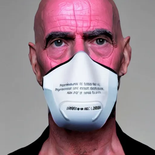 Image similar to Saruman wearing 3M Full Facepiece Respirator with pink filters on top of his head like Walter White