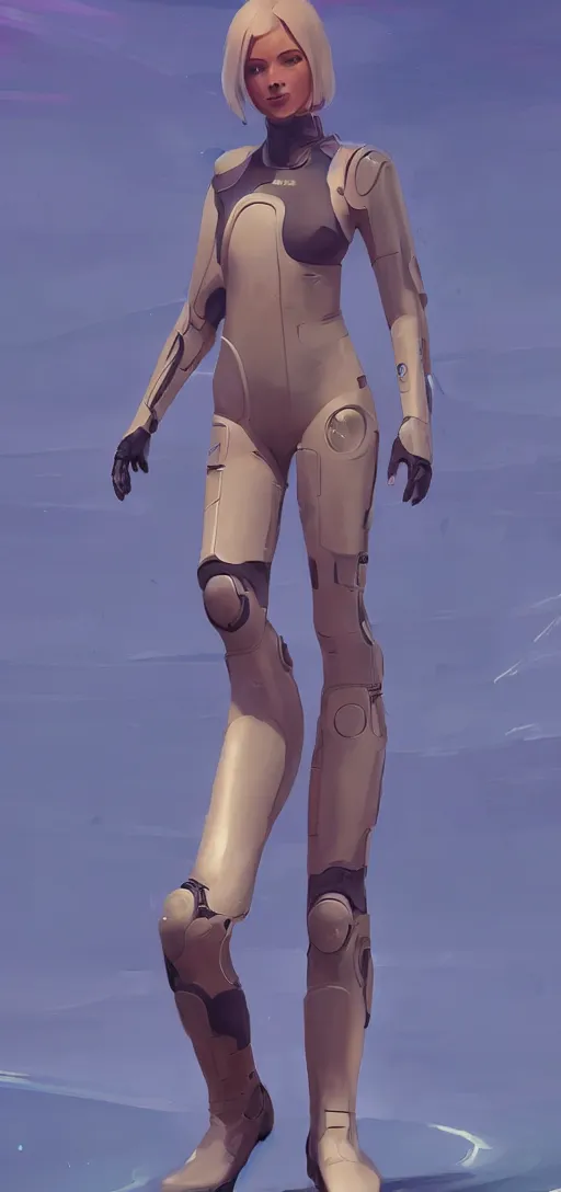 Image similar to sci fi female character, muted colored bodysuit, sci-fi large mechanical boots that go up to the thigh, soft lighting, wojtek fus, by Makoto Shinkai and Ilya Kuvshinov,