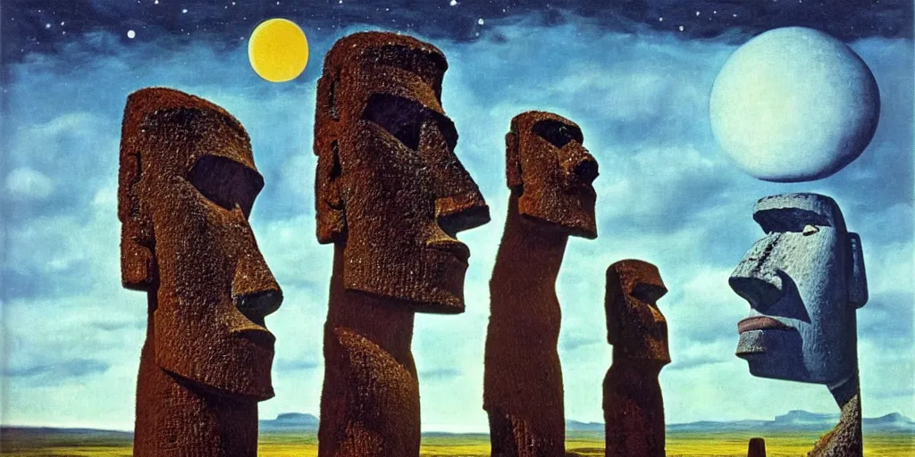 Prompt: easter island astronaut in taiga landscape by Max Ernst and René Magritte and Yves Tanguy, surrealism, german romanticism style, oil on canvas, cinematic lighting, vibrant, concept art, gothic, contrasting, nightscape