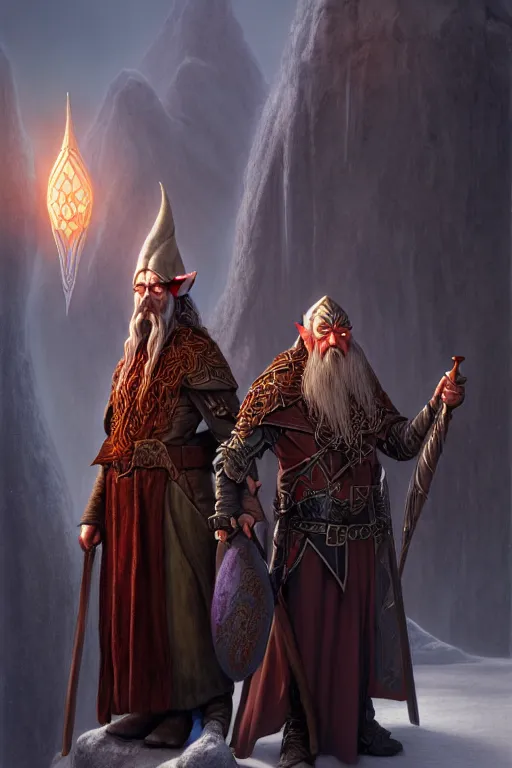Image similar to a portrait of an elven wizard next to a dwarf paladin, grimdark extremely detailed fantasy art by Gerald Brom, octane render